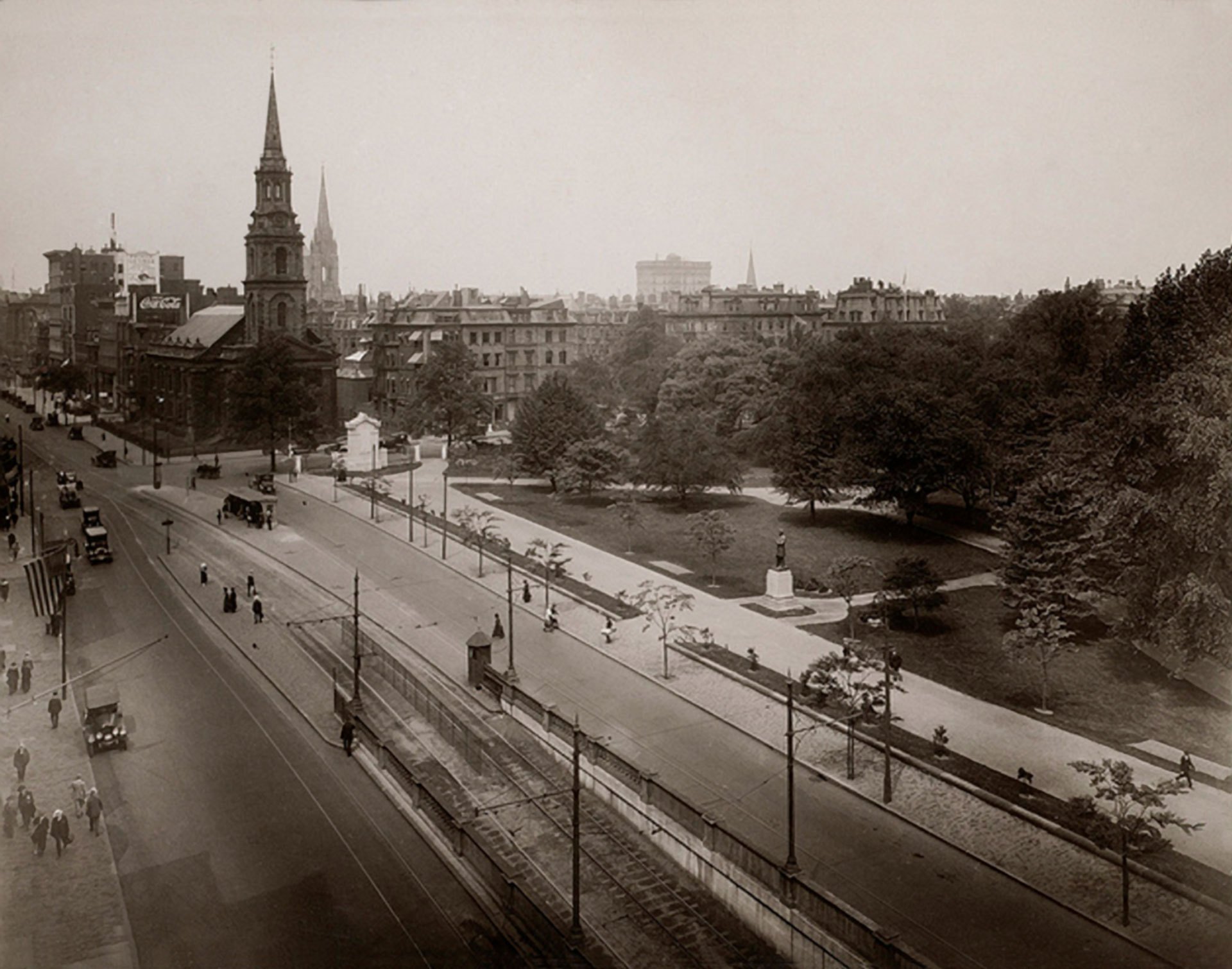 Historic photo of the church on the corner of the Boston Commons